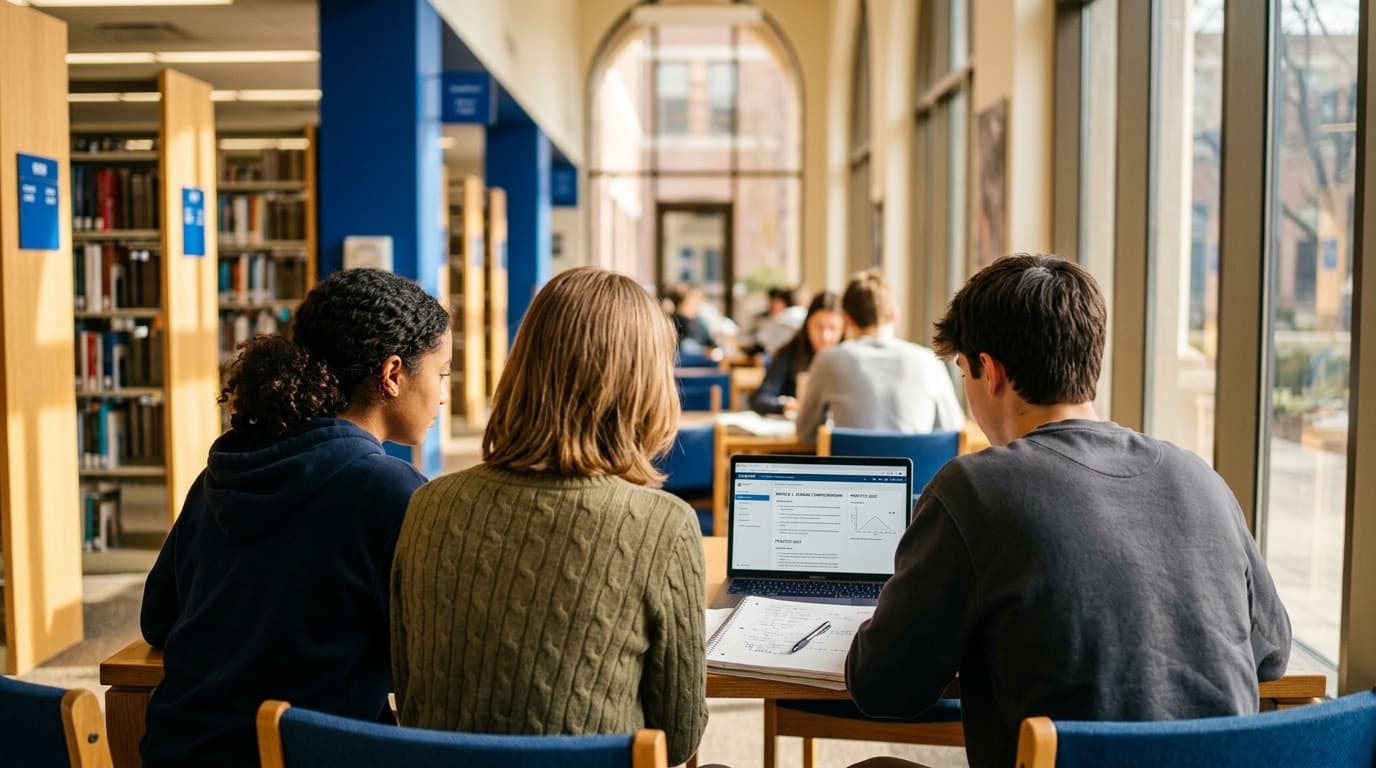 Diverse high-school students studying together with laptops in a sunlit library